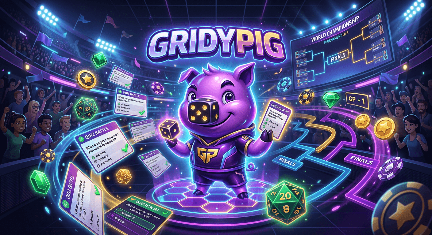GridyPig multiplayer arena with quiz cards, dice, and tournament brackets